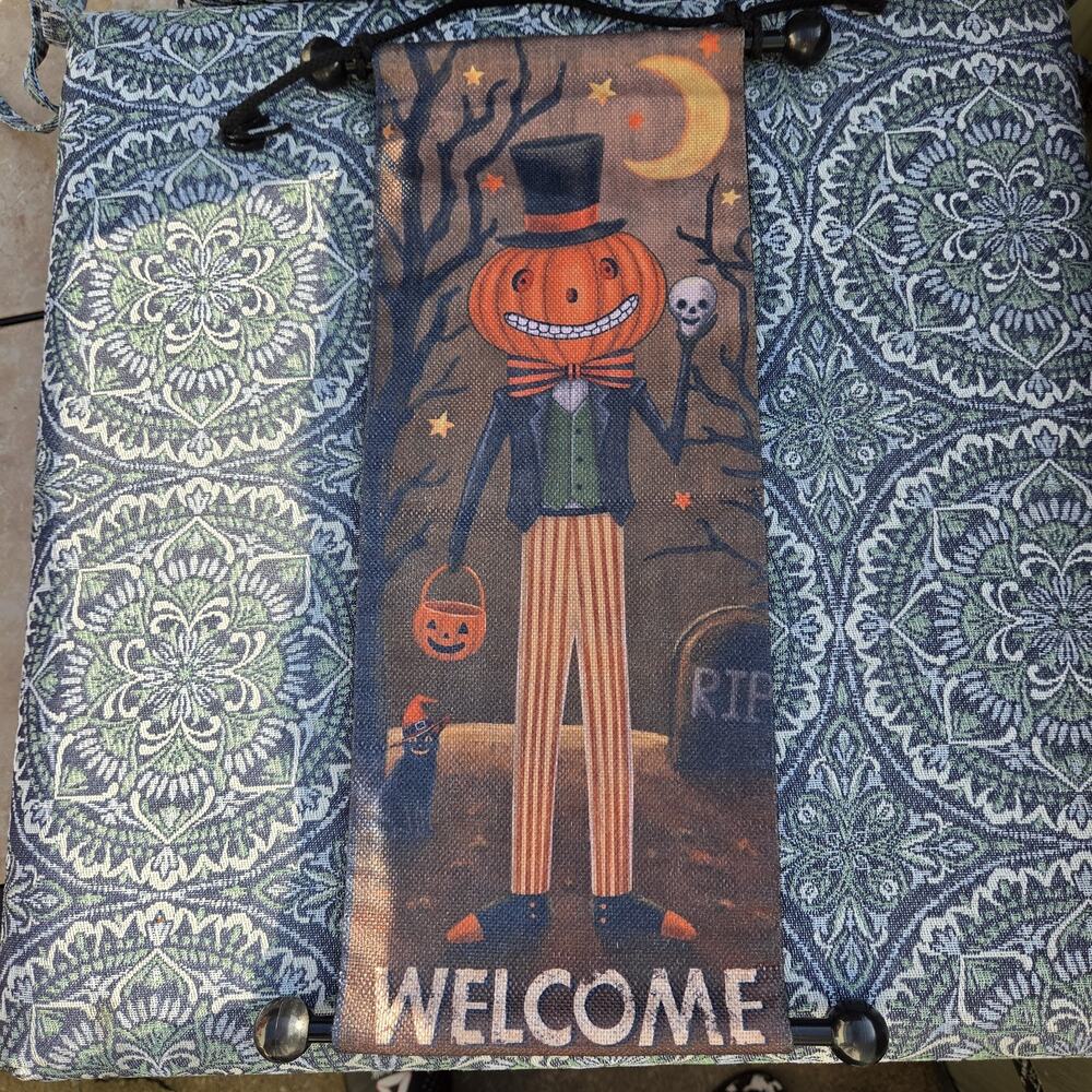 Vintage Halloween Welcome Banner Folk Art Pumpkin Man Top Hat Skull Hanging Sign